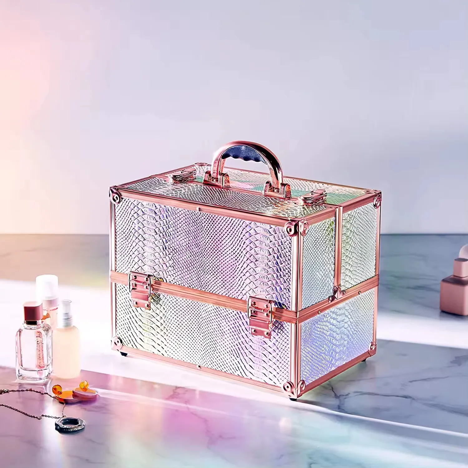 Holographischer Make-Up-Organisator PU-Leder Aluminium Waschtisch Schönheitsbox Kosmetiktasche für Damen Modell direkt ab Werk