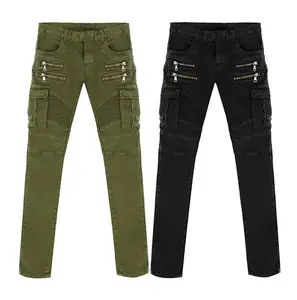 Livraison Gratuite Nouvel Arrivage Haute Qualité Vert Noir Moto Denim Biker jeans Hommes Skinny slim elastic jeans hiphop Washed