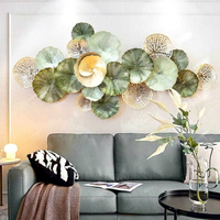 Décoration murale moderne en fer forgé, motif feuille de lotus, vert sauge et or, disque superposé, sculpture murale artisanale
