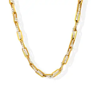 Collar de joyería de acero inoxidable de diseño, collar de perlas de cordel chapado en oro sin deslustre, collar de clip de papel redondo grueso