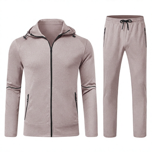 Ensemble de survêtement gris à capuche pour homme, fermeture éclair intégrale, vêtements de sport décontractés avec poche latérale, matière respirante en polyester et coton, style automne - Product Image 4