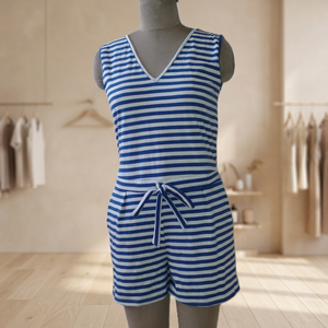 Conjunto de Jersey de Punto a Rayas Azules y Blancas 100% Algodón para Mujer, Top sin Mangas y Pantalones Cortos de Verano, Cuello en V, Secado Rápido y Transpirable - Product Image 2