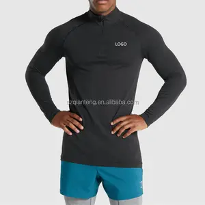 AQTQ Pakaian Olahraga Kustom 1/4 Ritsleting Lengan Panjang Fit Otot Latihan Gym T-shirt Fungsi Memakai Kemeja Halfzip untuk Pria