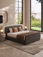 Cama estilo francés París, tela a rayas en blanco y negro, tapizada de lujo ligero, tamaño King, moderna, minimalista, inspirada en diseñadores.