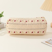 Tempat Pensil Resleting Berbahan Kain Quilted Sederhana untuk Siswa, Tempat Kuas Makeup, Tempat Penyimpanan Kosmetik, Tempat Penyimpanan Perjalanan Kecil Bermotif Bunga, Portabel, Lucu, dan Trendi