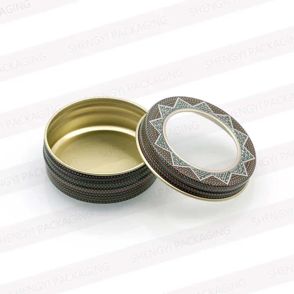 Botes de lata vacíos de oro de 1 onza y 2 onzas con tapa transparente para cocina, oficina, velas, dulces, artesanías pequeñas