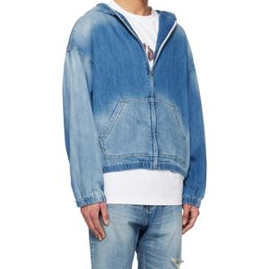 Sweat à capuche zippé en denim 100% coton personnalisé, fin, avec poche plaquée, bleu délavé, épaules tombantes, coupe courte - Product Image 2