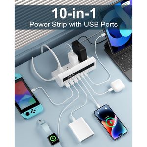 Regleta de alimentación USB 10 en 1 de 100W y 1.5m, estación de carga de escritorio con 4 tomas de CA y 6 puertos USB, color blanco - Product Image 2