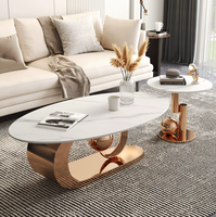 Table basse en pierre de style minimaliste italien moderne, structure en métal, forme ovale, pas d'assemblage requis, style luxe léger pour salon