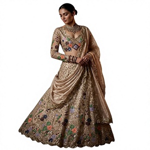 Lehenga Choli de Lujo en Color Dorado Champán, con Lentejuelas Zari, Bordado Floral Multicolor, Traje de Novia Indio, Ghagra Choli Pak - Product Image 1