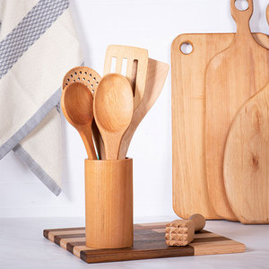Superlative Quality Durable Beech Wooden Kitchen Serving 5 Pieces Set <b>Utensils</b> With Holder - Product Image 2