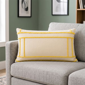 Housse de coussin rectangulaire décorative en lin de qualité supérieure avec passepoil jaune contrastant, détail de bordure, élégant coussin d'appoint - Product Image 3