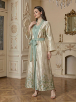 Abaya en polyester brillant jacquard à col ouvert, ceinturée, kimono à manches larges, robe maxi élégante à fleurs pour femmes musulmanes, pour soirée