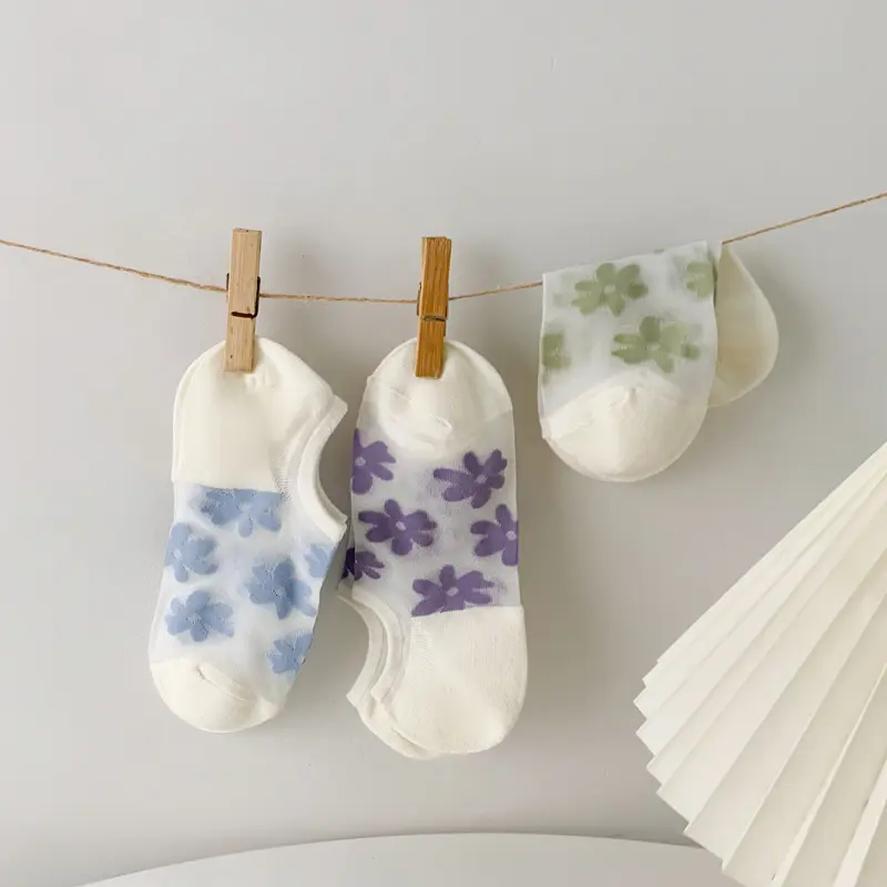 Calcetines finos de algodón con estampado Floral para mujer, medias transparentes de nailon, antideslizantes, para verano