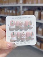10pcs ABS Artificiel Couverture Complète Long Carré Press-On Nails Tips avec Colle Pré-Conçu Rose Diamant Relief Design