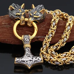 Popular wolf head Thor hammer pendant jewelry necklaces stainless steel choker norse viking necklace