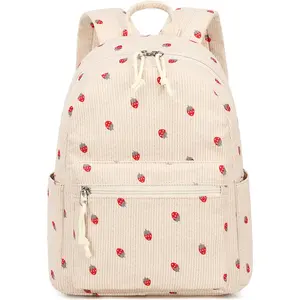 Girls Women Mini Backpack Purse Gifts Teens Cute Casual Bookbag 13 Inch Adorable Corduroy Strawberry School Bag For Children