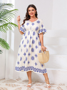 <b>Plus</b> <b>Size</b> V-neck Dress with Bell Sleeves and Fashionable Printed Elasticated Waist Maxi Skirt - Product Image 4