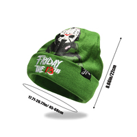 Bonnet en tricot côtelé chaud d'hiver en acrylique vert avec logo personnalisé, style streetwear hip-hop, broderie de personnage de film d'horreur