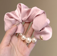 Élastique à cheveux en satin bleu marine style coréen, crème, avec garniture de perles, fait main, grande taille, élégant, doux, pour femme, pour queue de cheval basse, voyage, fête