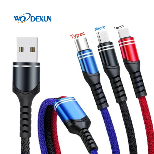 66W Cable USB to Type C IOS Micro PD Fast Charger Data 3 in 1 Quick Charging Cord for Phone 14 13 12 Huawei Samsung Xiaomi