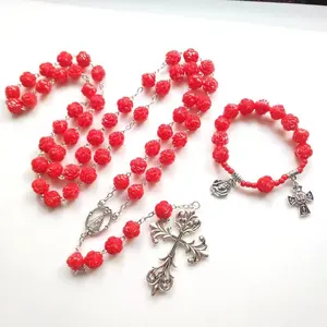 support custom red plastic rose flower beads rosary necklace and bracelet set
