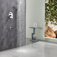 Système de douche encastré chromé poli avec inverseur 3 voies, pommeau de douche pluie rond, douchette à main, bec de baignoire, fixation murale, ensemble complet