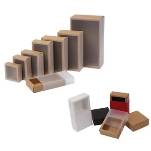 Kotak Kertas Kraft Cokelat Kardus Kustom Laci Lipat Kotak Hadiah Laci Perhiasan Mewah Kotak Kemasan Geser dengan Lengan PVC