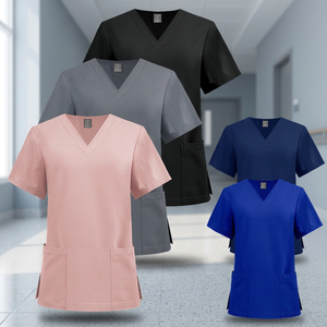 Custom Logo Woven Polyester Spandex Seamless Fusing Chest Pocket V-Neck <b>Scrubs</b> <b>Top</b> Nurse Women Men Unisex Medical Uniform Solid - Product Image 3