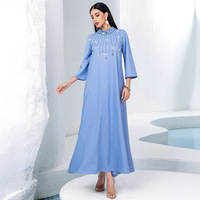 BA5135 bleu a-ligne jupe demi-haut col cousu à la main strass élégant longue robe pour les fêtes d'été du moyen-orient grande taille