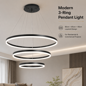 Lustre moderne à trois anneaux en aluminium et acrylique, LED à intensité variable avec télécommande, pour salle à manger, salon, chambre à coucher - Product Image 2