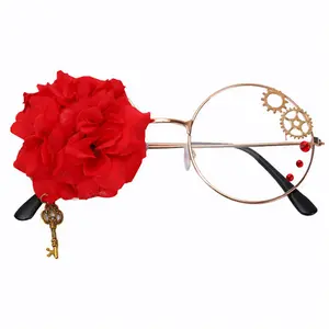 Women Metal steampunk Big Flower Vintage Neck metal chain with Case gear Anime Lolita Retro Rose Dress Up Party Sunglasses