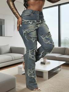 Women Blue Striped Washed <b>Denim</b> Jeans Multi Craft Fringe Hem Long Fashion Ladies Casual <b>Denim</b> Trousers - Product Image 3