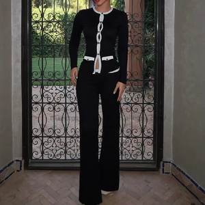 Conjunto Casual de 2 Piezas para Mujer, Otoño, Cuello Redondo, Botones, Bloques de Color, Cárdigan de Manga Larga y Pantalones de Cintura Alta - Product Image 1