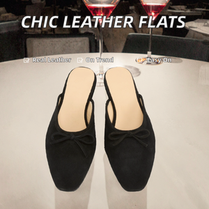Women Square Toe Spring Summer Classic Slip-On Shoes Bow Tie Genuine Leather <b>Suede</b> <b>Flat</b> <b>Mule</b> Slides Slippers - Product Image 2