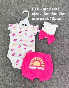 Conjunto de Ropa para Bebé al por Mayor, Adorable Conjunto de <span class=keywords><strong>Tres</strong></span> Piezas que Incluye Body, Pantalones Cortos y Lazo para el Cabello, Perfecto para Recién Nacidos hasta 9 Meses - Product Image 3