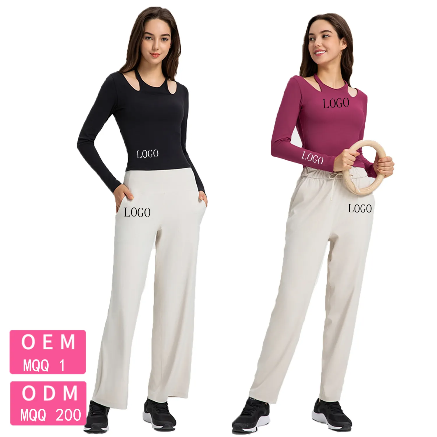 Kaus yoga olahraga wanita blus midriff lengan panjang logo kustom