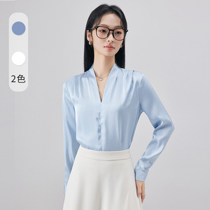 White Satin V-Neck Shirt Women Long Sleeve Office Elegant Blouse Solid Color Polyester Fabric - Product Image 2