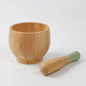 Kitchen Round Manual Garlic Masher Food Spice Grinder Spice Herb Grinder Pill Crusher Color Bamboo Wood Mortar and Pestle Set