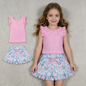 Conjunto de Ropa Casual para Niñas, Top Rosa sin Mangas con Falda con Volantes Florales, Ropa de Yoga para Verano - Product Image 1
