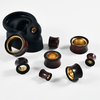 Tunnel d'oreille double couleur en bois de santal rouge et acier inoxydable plaqué or, dilatateur d'oreille double évasement, écarteur d'oreille 8-25mm