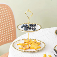 Restaurant de luxe maison cuisine vaisselle trois deux niveaux perles jante forme ronde plateau de fruits assiette à gâteau en céramique