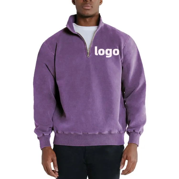 Sweatshirt Factory Custom Stand Collar Half Zip Acid Washed Pullover Cotton Men's Oversized Sweatshirt Hoodies
