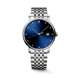 Montre mécanique circulaire en acier inoxydable Longinesing, compacte et élégante, pour un usage quotidien, cadran bleu, index des heures en pierres précieuses romaines. - Product Image 1