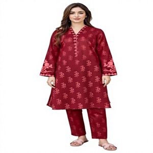 Women Clothing-Women's Red Floral Printed Cotton Salwar Kameez V Neck Long Sleeve Ethnic Daily Wear Mid-<b>Calf</b> <b>Length</b> Regular Fit - Product Image 1
