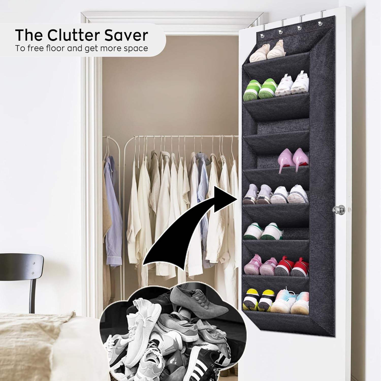 Black Over-the-Door Shoe Organizer for Home Furniture Closet Large