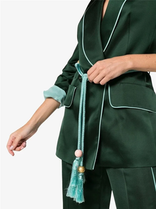 Rose vert veste pantalon femmes costumes ensembles marque de luxe Blazer pantalon femmes costume 2 pièces brillant Satin col châle sans ceinture - Product Image 6