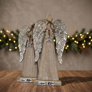 Étoile de Noël artisanale en bois de manguier de haute qualité, durable, avec figurine à ailes argentées, décoration de table ou d'arbre, cadeau - Product Image 3