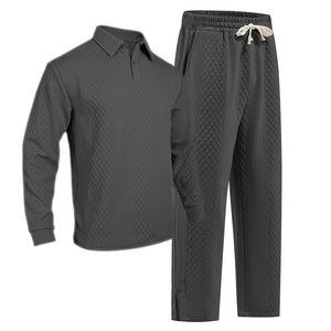 Completo da Uomo Personalizzato in Maglia Jacquard, Set 2 Pezzi con <span class=keywords><strong>Polo</strong></span> a Maniche Lunghe e Pantaloni, Tuta Casual Autunnale in Tinta Unita, 100% Poliestere - Product Image 4