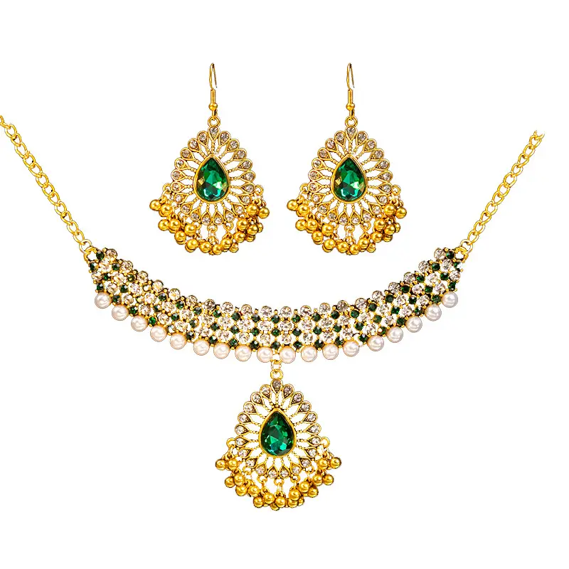 Set perhiasan pengantin wanita, kalung anting-anting Set perhiasan pengantin zirkon berlian imitasi mewah India grosir pernikahan disesuaikan untuk wanita paduan trendi